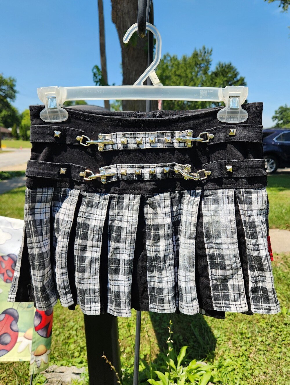 Black & White Plaid Pleated Mini Skirt with Stud and Buckle Details